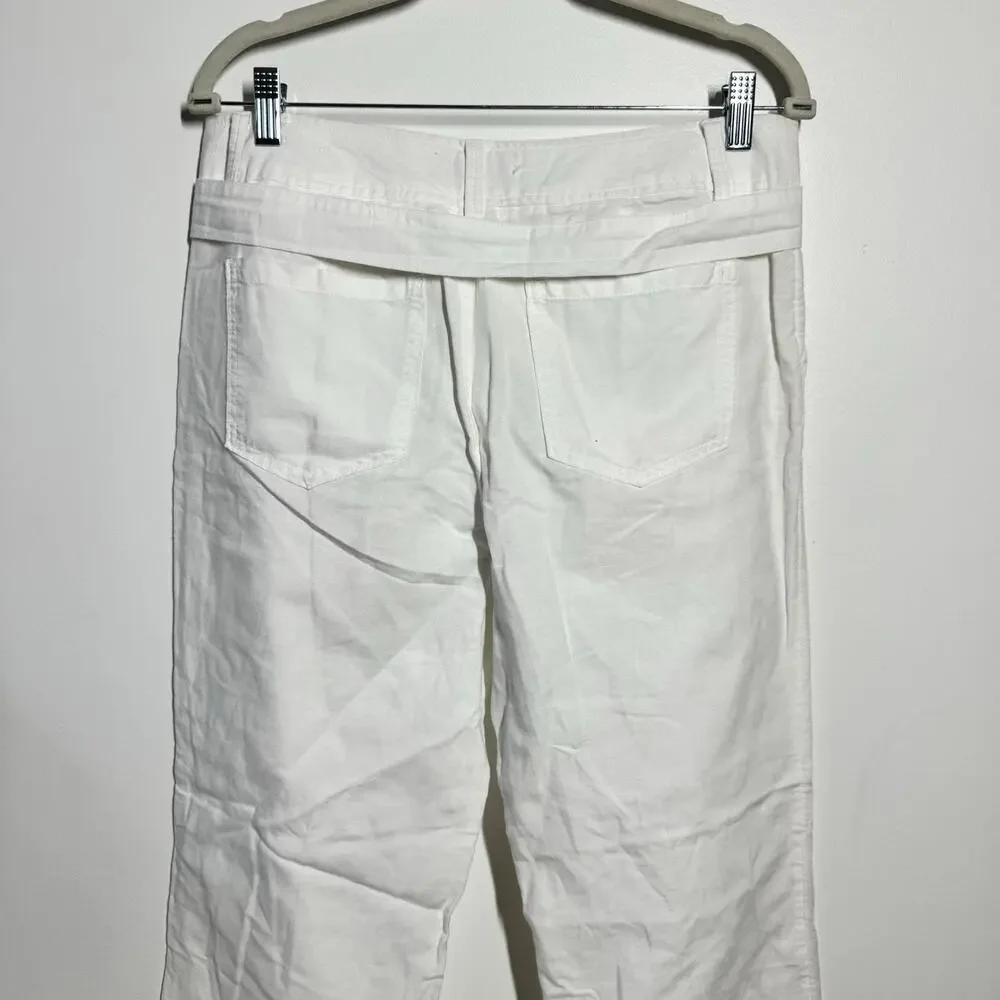 Banana Republic Tie Belt Straight Leg Pant Women 8 White Linen Coastal Beach‎
